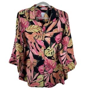 Chicos Women’s Sz 14, linen tropical Resort wear Cottage core short sleeve shirt